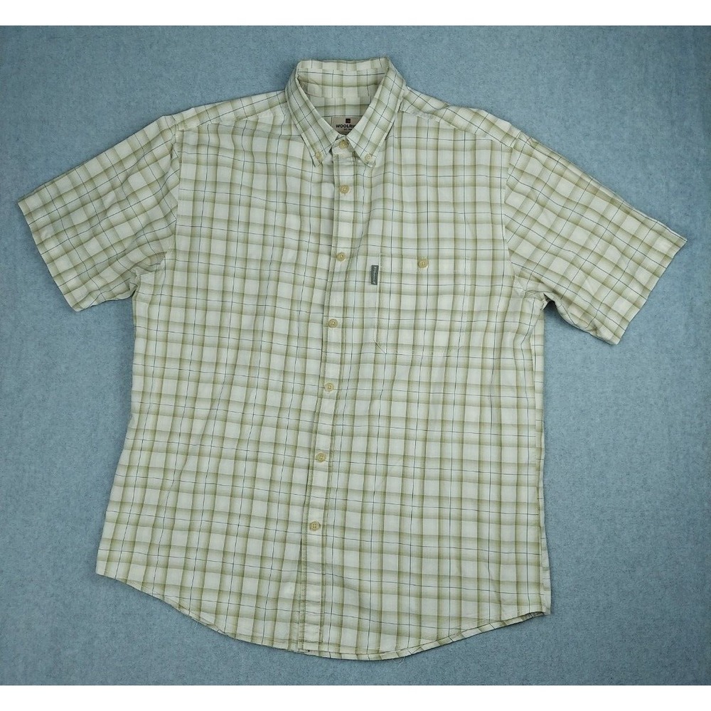 Woolrich Mens Large Short Sleeve Button Up Avocado Ombre Green Plaid Check Shirt